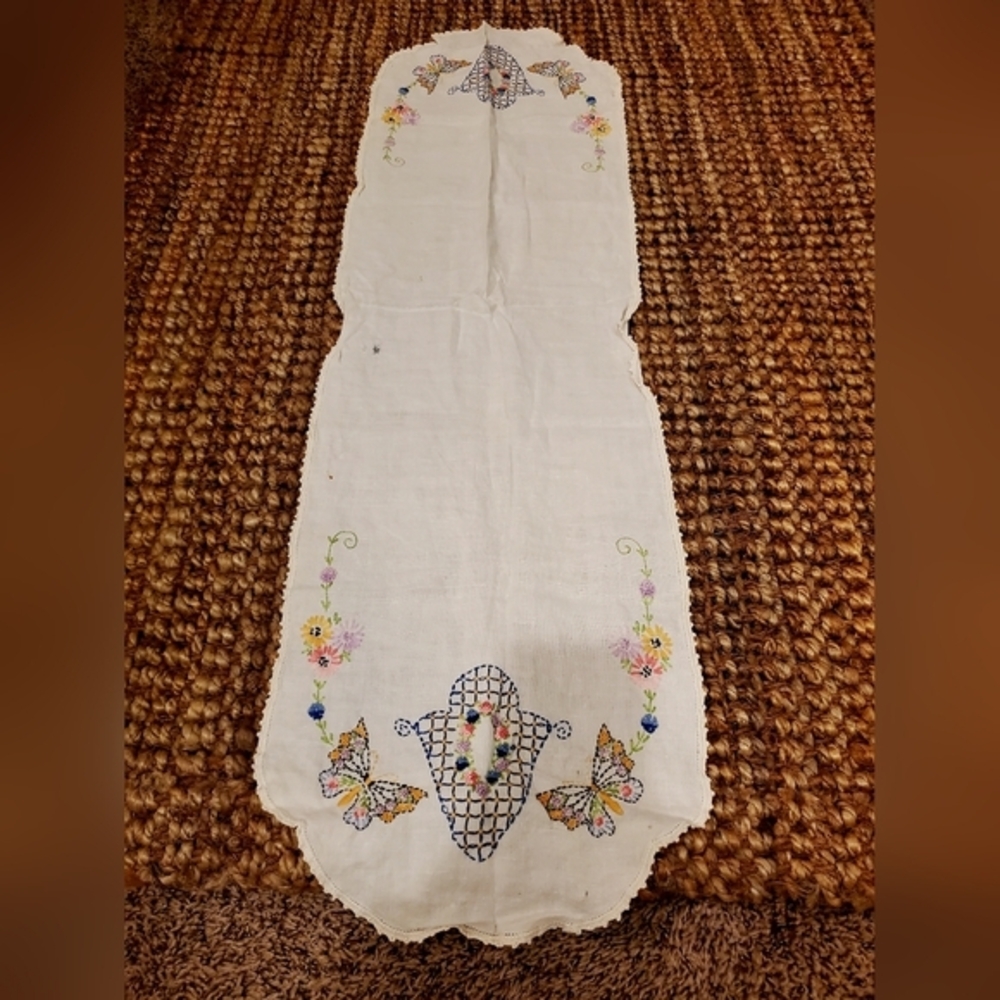 Vintage embroidered table runner boho cottage core